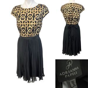 Adrianna Papell dress sz 12 black/gold pleated cocktail holiday party A-line